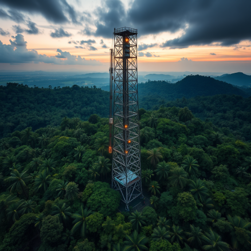 An internet tower in the rainy rainforest.