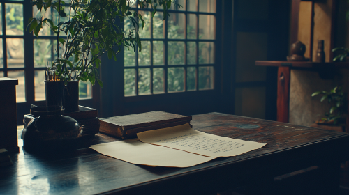 An old letter on Japanese desk in 19th century