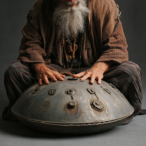An old man plays on metal drum kit