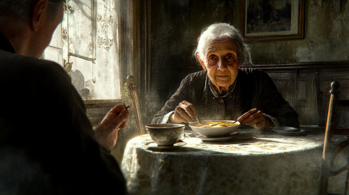 An old woman and man eating lunch together
