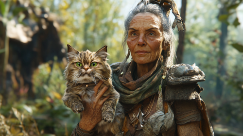 An old woman with cat in forest