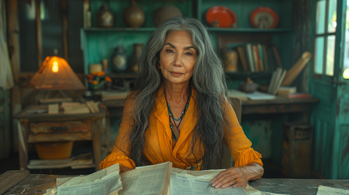 An older Guatemalan woman smiles at her desk