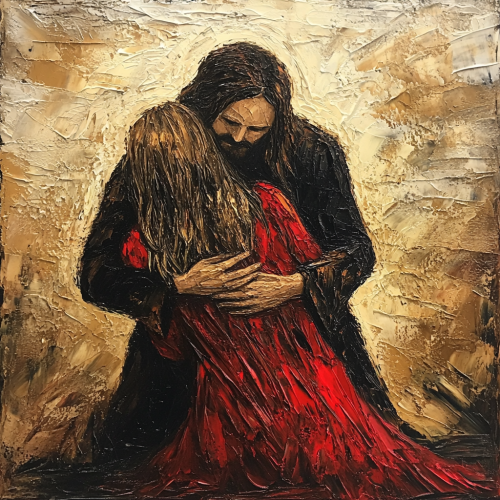 An older woman in red dress hugs Jesus compassionately.
