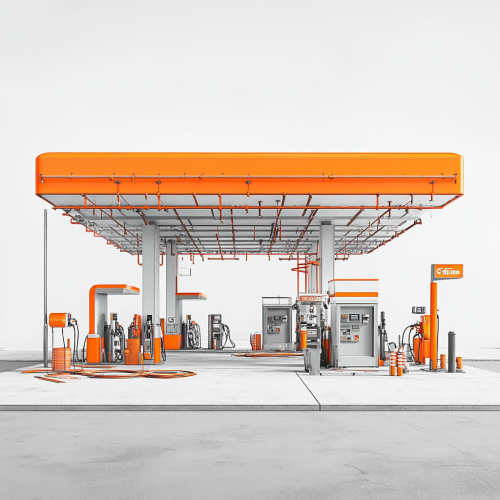 An orange gas station under construction