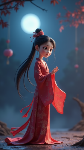 Ancient Chinese lady in moonlight, Disney Pixar style.