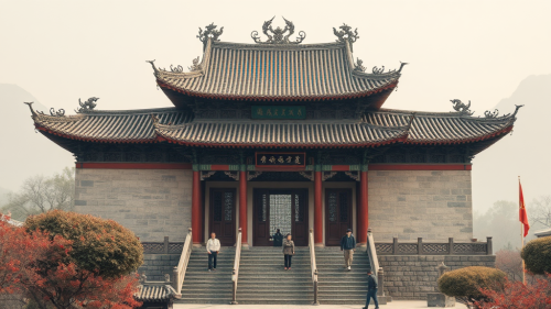 Ancient Chinese palace in a misty valley.