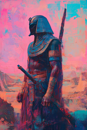 Ancient Egyptian Warrior in Surreal Landscape Sky Art