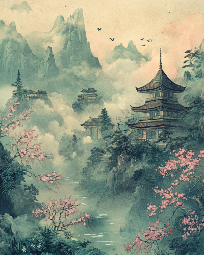 Ancient Japanese landscape with mystical Kirin in foreground