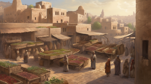 Ancient Jerusalem marketplace with fruits, spices, and buildings. Ancient Jerusalem marketplace with fruits, spices, and buildings.