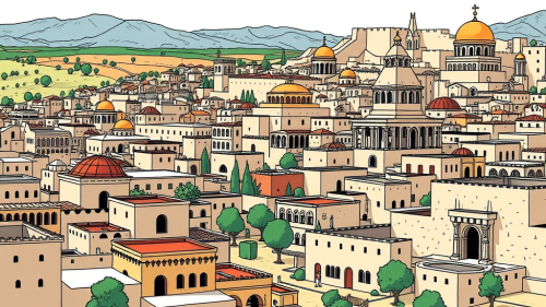 Ancient Judea's Cartoon Cityscape Under Alexander's Rule