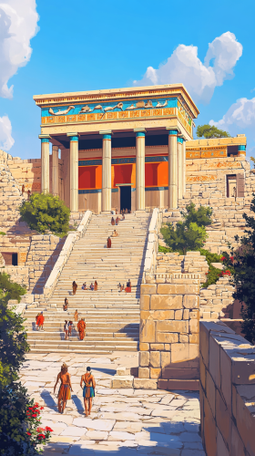 Ancient Minoan palace with majestic columns and frescoes.