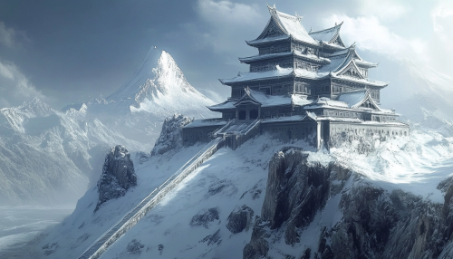 Ancient Stone Temple at Base of Mountain