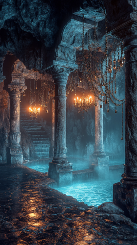 Ancient cave with glowing pools, stone pillars, bells
