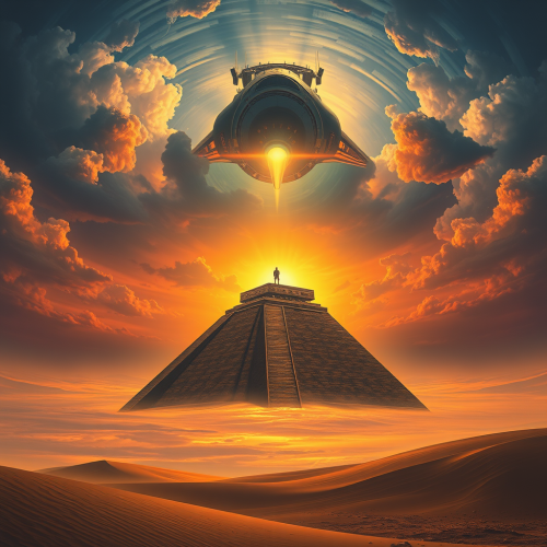 Ancient desert ziggurat with spaceship in sunset