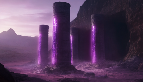 Ancient temple in dark landscape with glowing pillars
