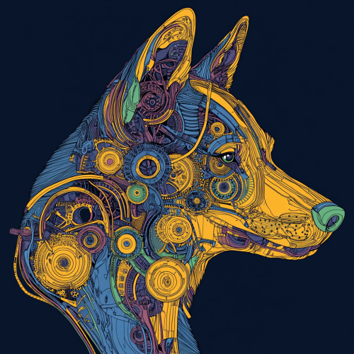 Ancient wolf head profile with colorful mechanical parts