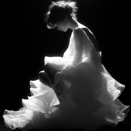 Androgynous woman in minimalist wedding dress, striking studio portrait.