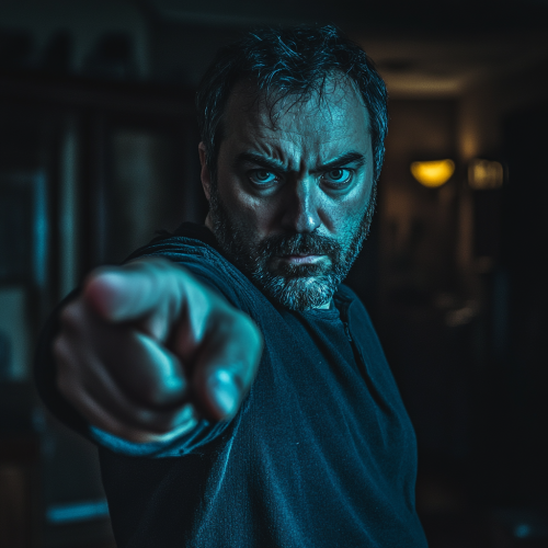 Angry man pointing finger, 1990 theme, dark house 