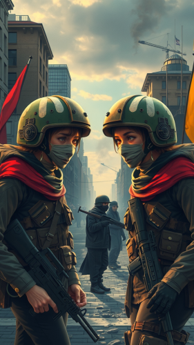 Angry soldiers with masks in city warzone.