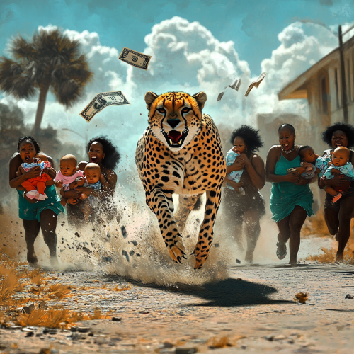 Angry women chase cheetah in urban hood scene