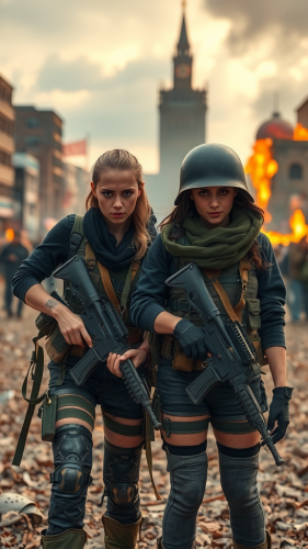 Angry women soldiers in war-torn city.
