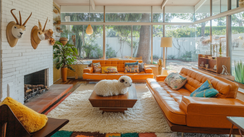 Animal-inspired living room with sheep-shaped sofa, orange leather couches.