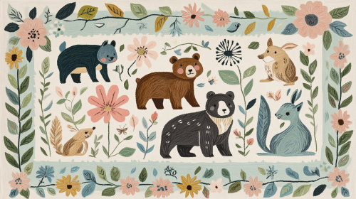 Animals in Forest Carpet: Whimsical Folk Art Scene