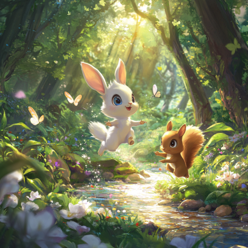 Animals play near shimmering river in lively forest Animals play near shimmering river in lively forest