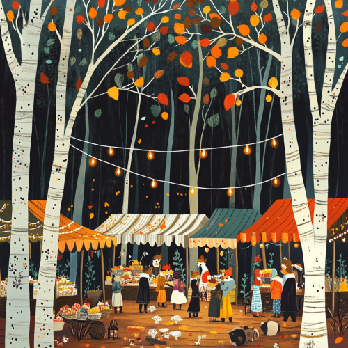 Animals shop at cozy forest farmers market