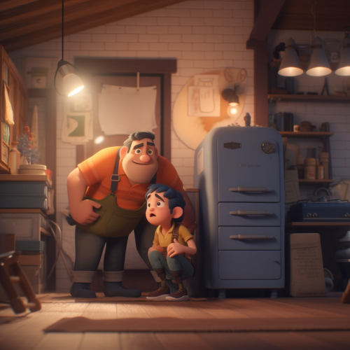 Animated characters install HVAC units in cozy home.
