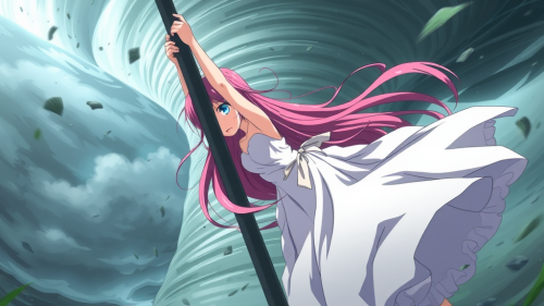 Anime Girl Clinging to Pole in Tornado