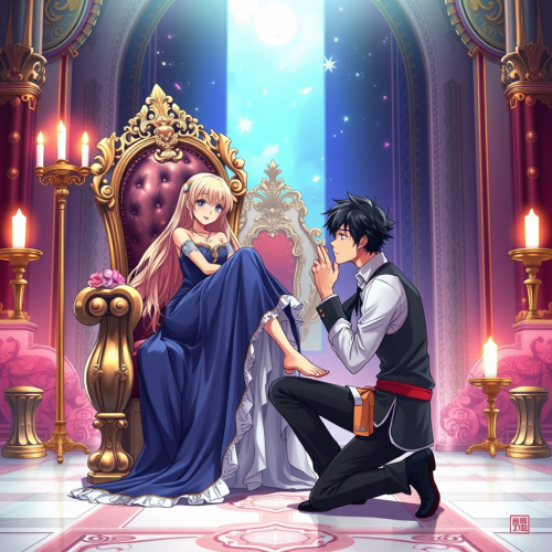 Anime Woman on Throne with Man Kissing Feet
