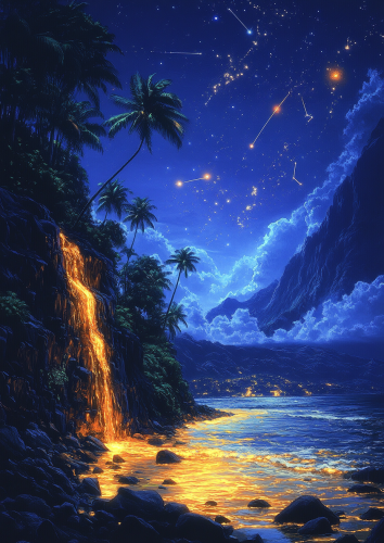 Anime beach scene with mountains, meteors and coconut trees.