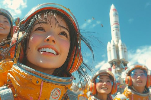 Anime characters building rocket in vibrant colors and settings.