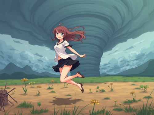 Anime girl in windy tornado with short skirt.