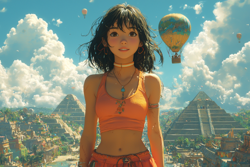 Anime style asian girl in hot air balloon.