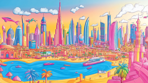 Anime style doodle art of Dubai landmarks, tourists, colors.