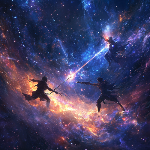 Anime-style warriors in cosmic battle among vibrant nebulae, celestial patterns, glowing constellations. Anime-style warriors in cosmic battle among vibrant nebulae, celestial patterns, glowing constellations.