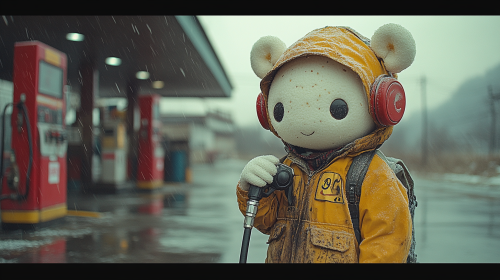 Anthropomorphic marshmallow worker in gas station fills car with fuel.