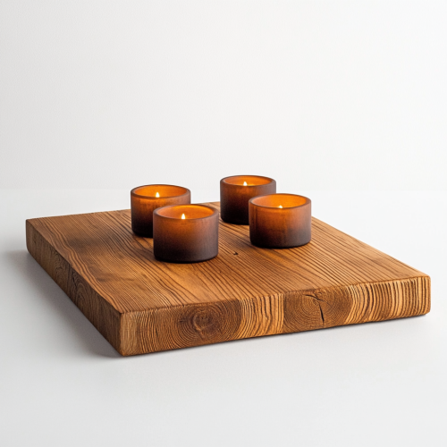 Antique wooden board holds candles and accessories.