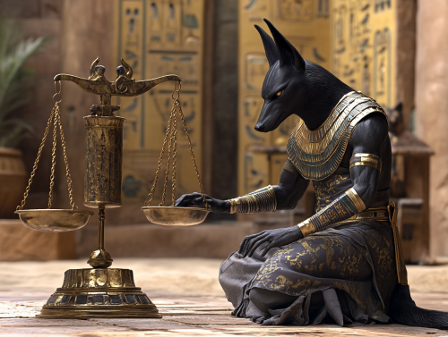 Anubis adjusting Egyptian scales next to him.