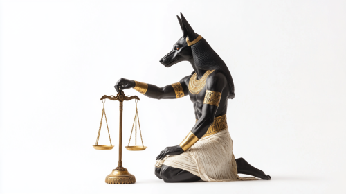 Anubis adjusts ornate Egyptian scales on white.