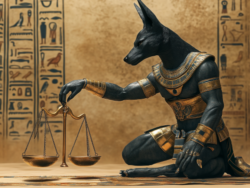 Anubis holding Egyptian scales in gold and black