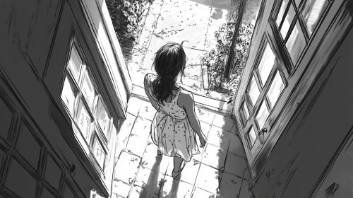 Apretty lady in a summer dress leaving building