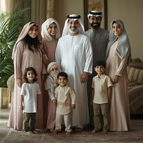 Arab family with 7 sons, 3 daughters, father, boy