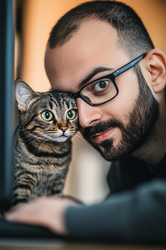 Arab sales manager with glasses, cat near computer camera.