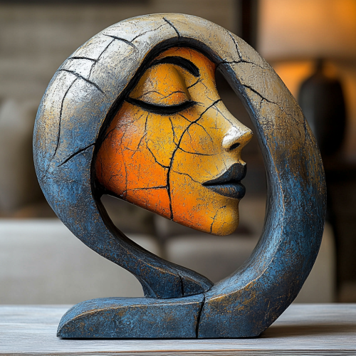 Arabian face sculpture on table with abstract texture.