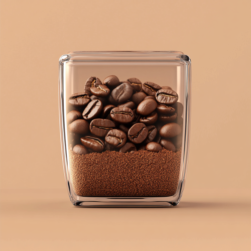 Arabica coffee beans and coffee powder in container.