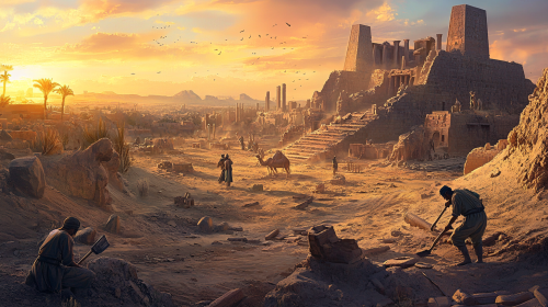 Archaeologists Excavating Ancient Mesopotamian Ruins at Sunset Archaeologists Excavating Ancient Mesopotamian Ruins at Sunset