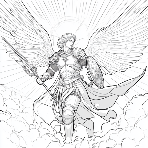 Archangel Michael Defeats Satan in Dramatic Line Art